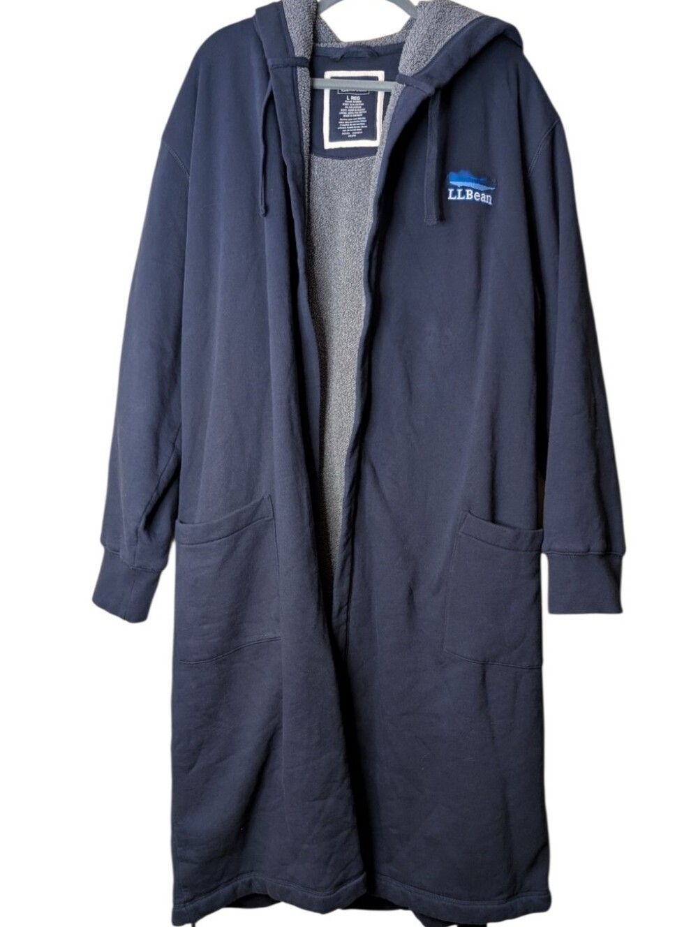 L.L. Bean Rugby Sweatshirt Robe Navy Blue Fleece Lined Hooded Long 502822 Large
